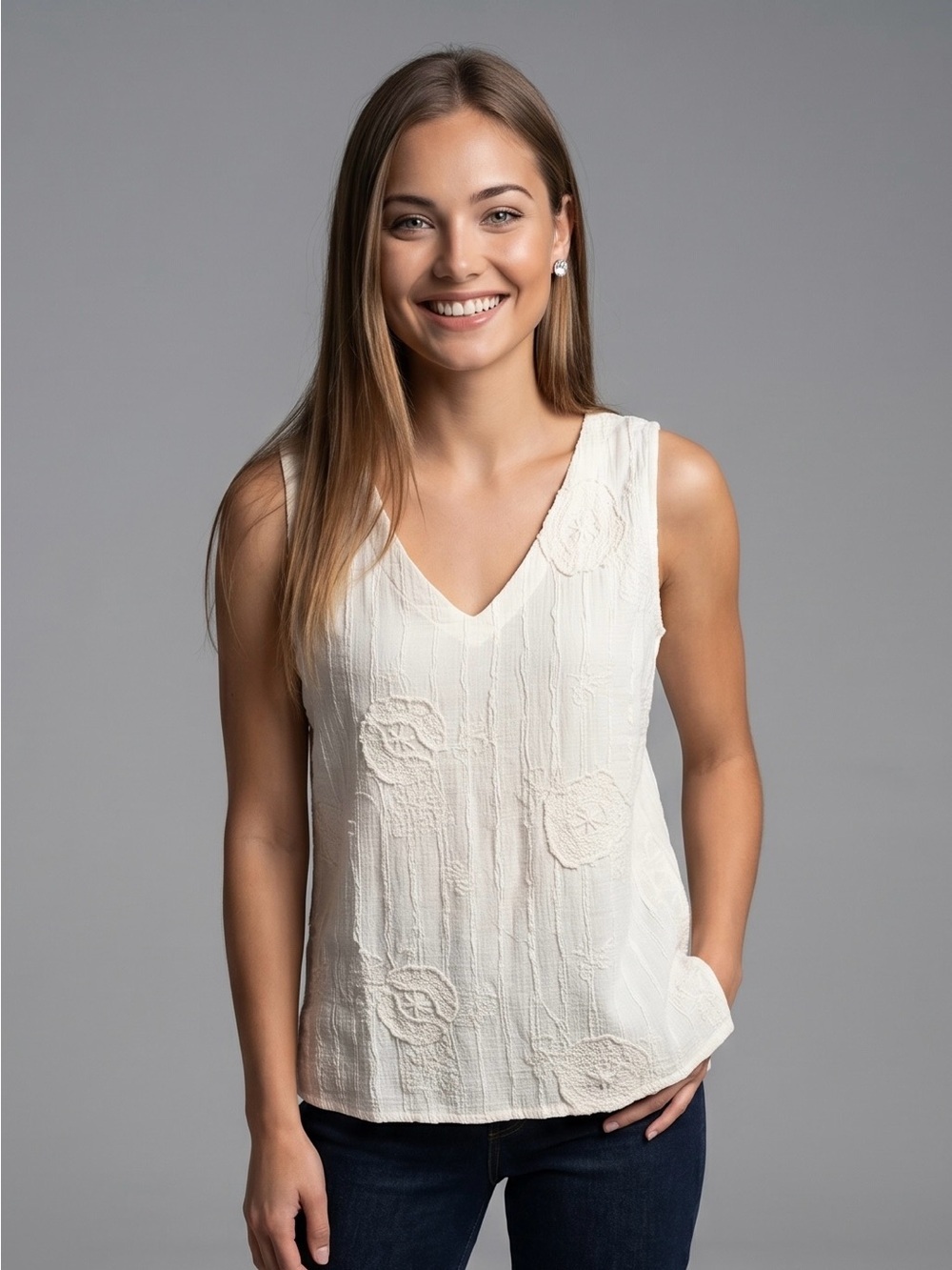 🌻Peanut Punch Ivory Textured Lagenlook Minimalist Gauze Tank Blouse Size Small